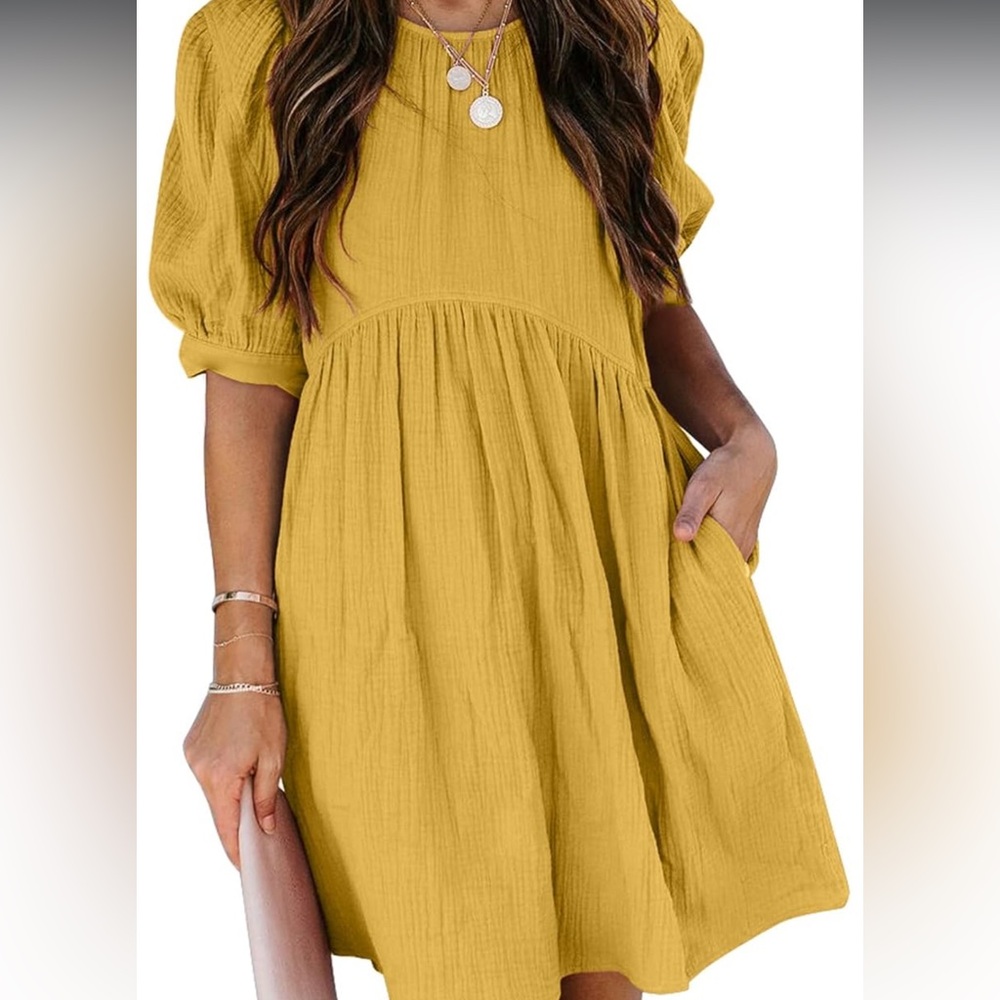 🌻LOWEST PRICE🌻 Amazon Yellow Puff Sleeve Scoop Neck Mini Sundress